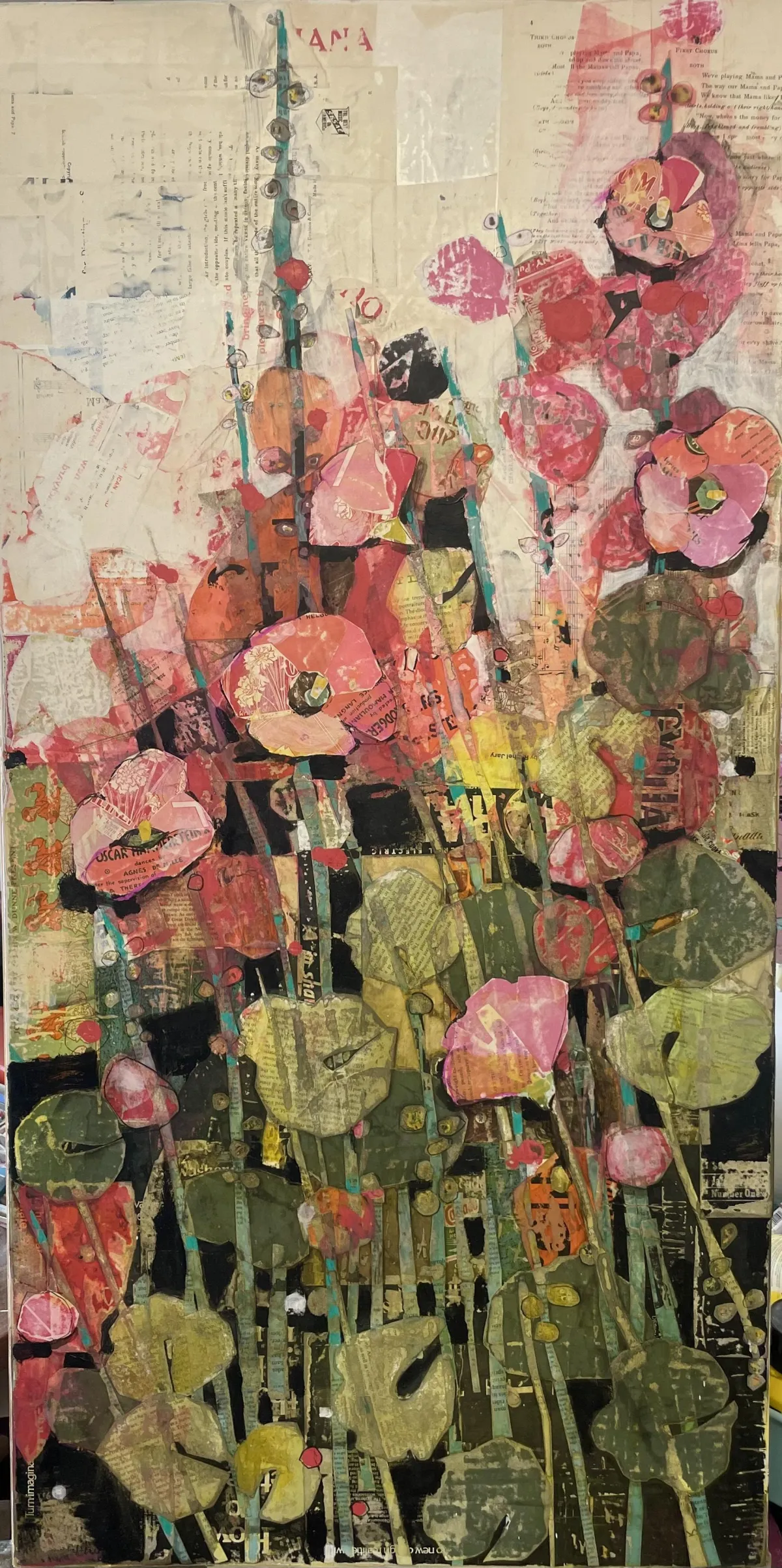 Mixed media floral artwork titled Hollyhocks #2 featured in the Bold Women Soft Walls Women’s History Month exhibition at Create Gallery and Frames in Garden City Idaho.