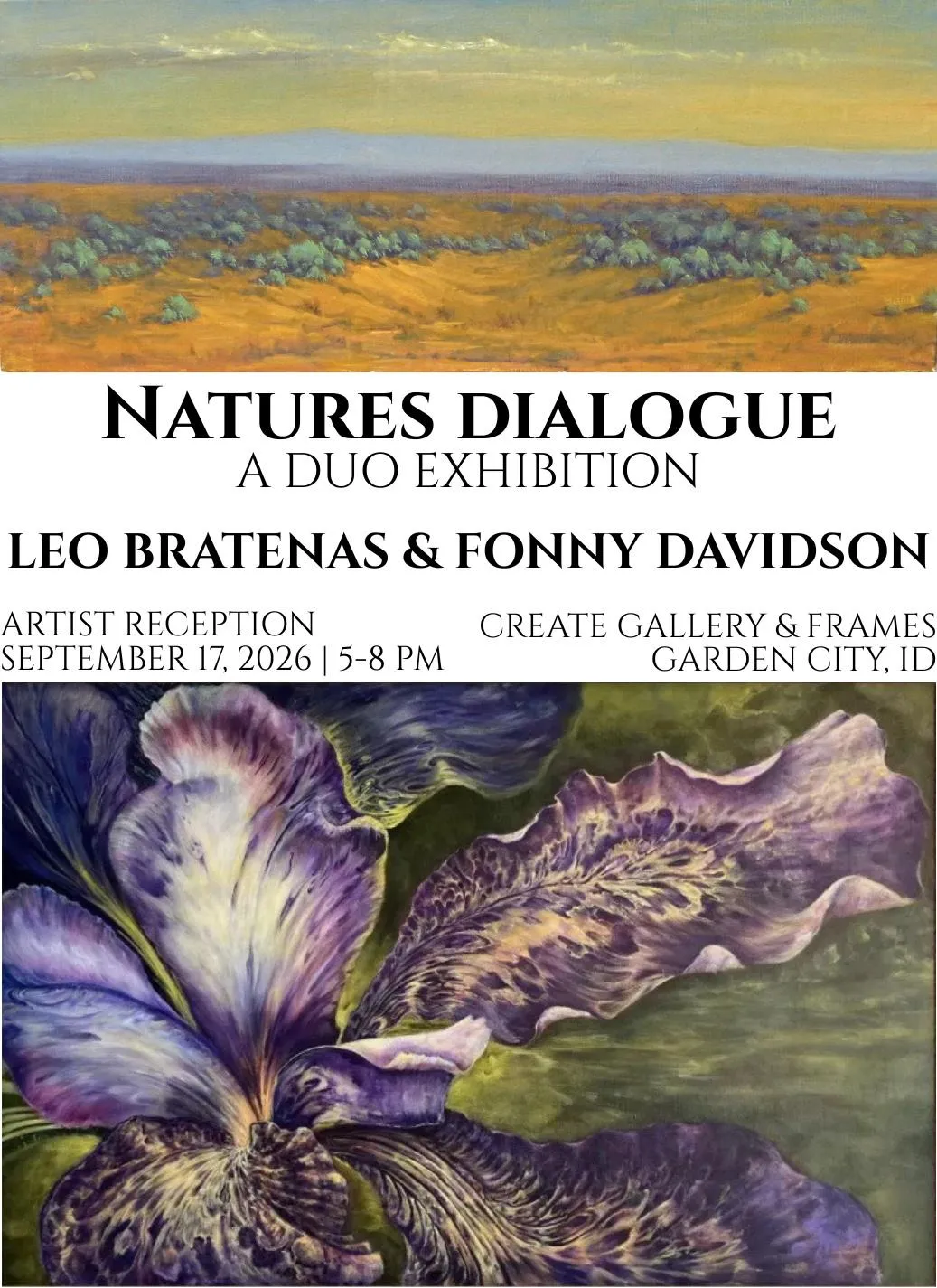 Nature’s Dialogue duo exhibition featuring artwork by Leo Bratenas and Fonny Davidson at Create Gallery & Frames in Garden City, Idaho.