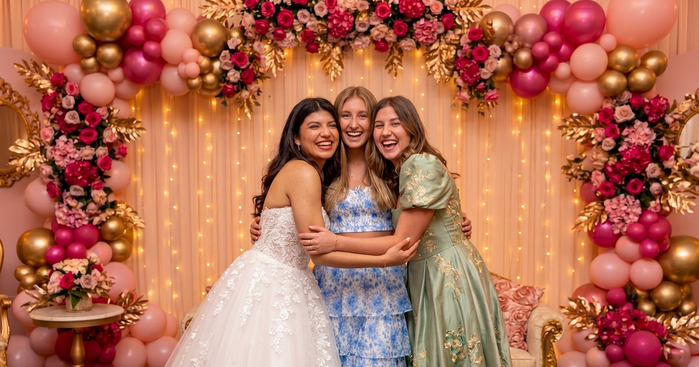 Professional photo booth with sequin backdrop and props at Queens quinceañera reception venue