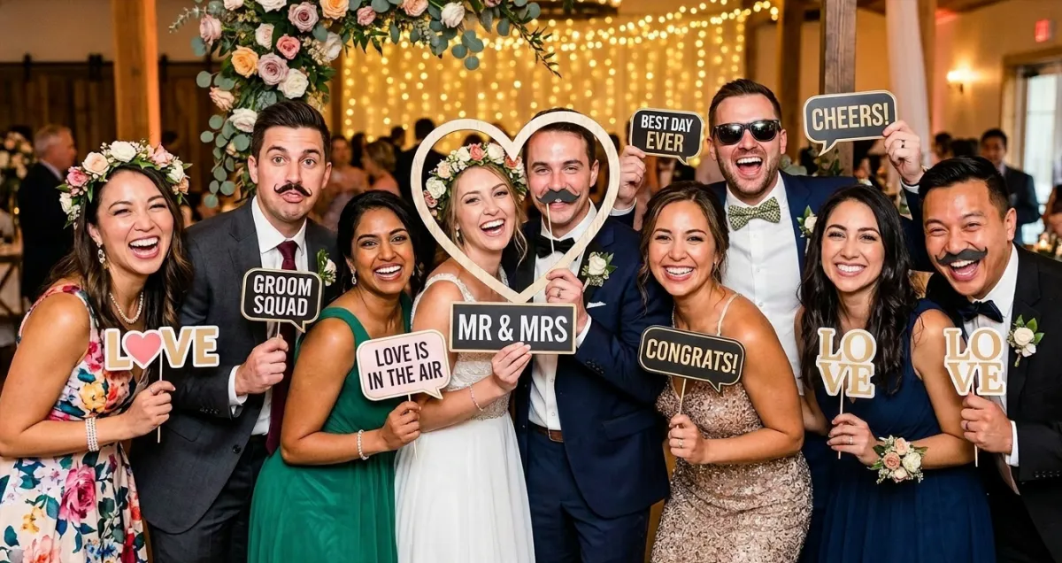 Wedding photo booth at Hamptons beach with Atlantic Ocean sunset backdrop in East Hampton