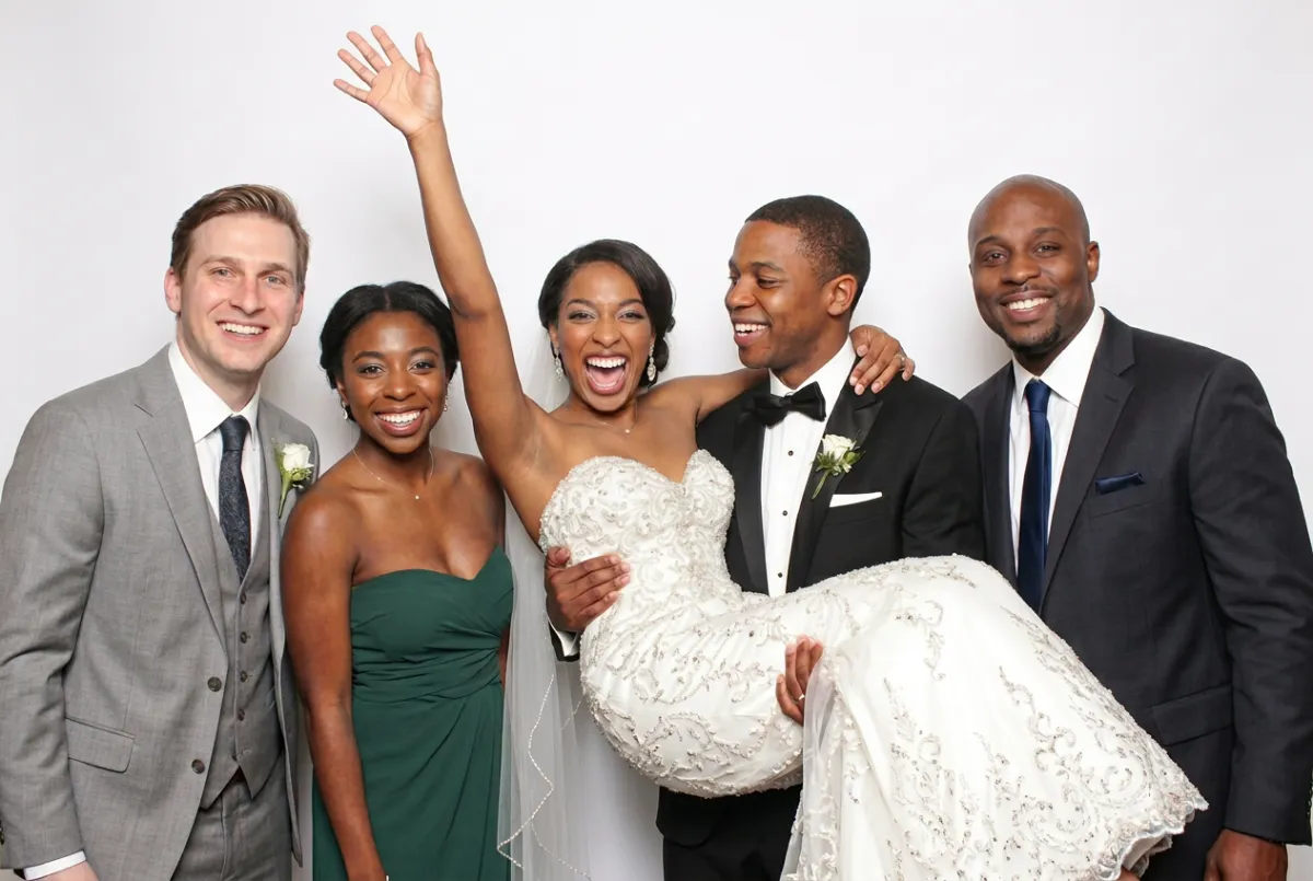 Jersey City waterfront wedding photo booth with One World Trade Center and Manhattan skyline backdrop