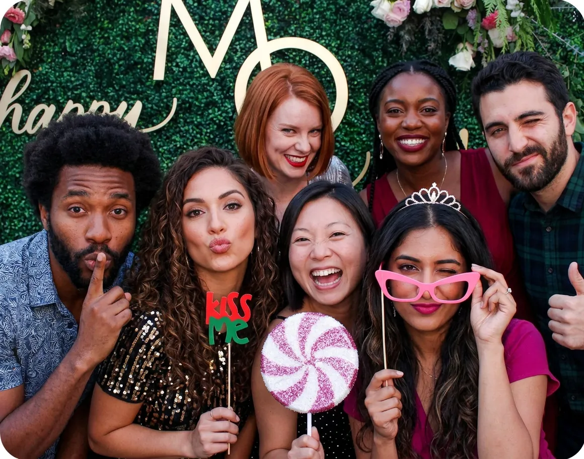 Millennials celebrating 30th birthday at photo booth with fun props in Brooklyn NYC