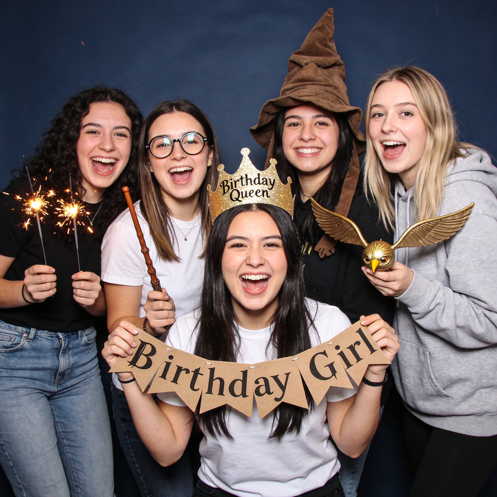 Tropical themed birthday photo booth with palm leaves and luau props at Brooklyn party
