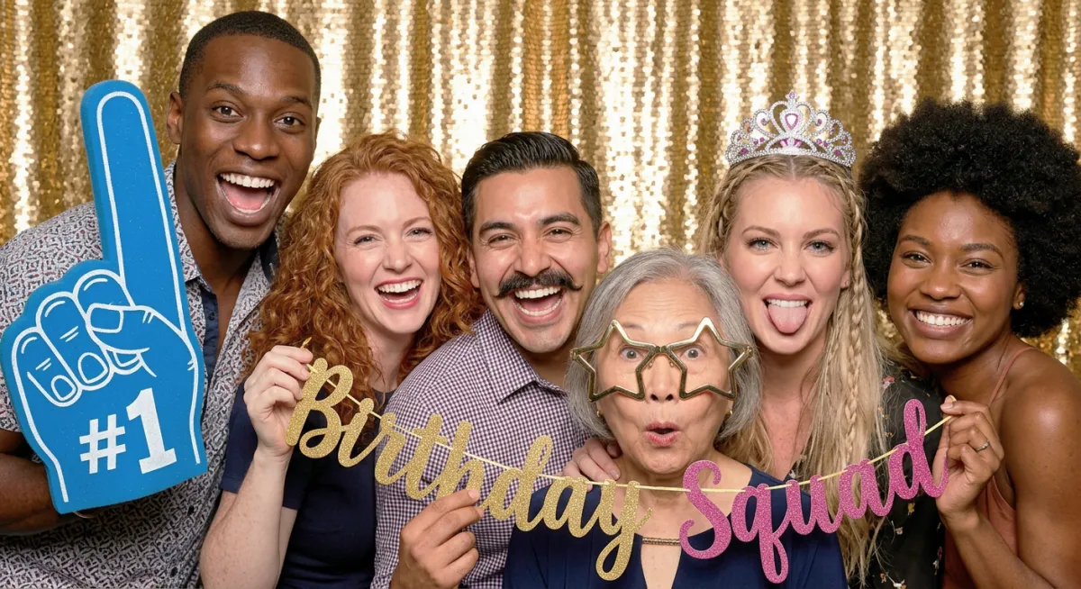 Five Decades themed 50th birthday photo booth with decade photos and montage backdrop NYC