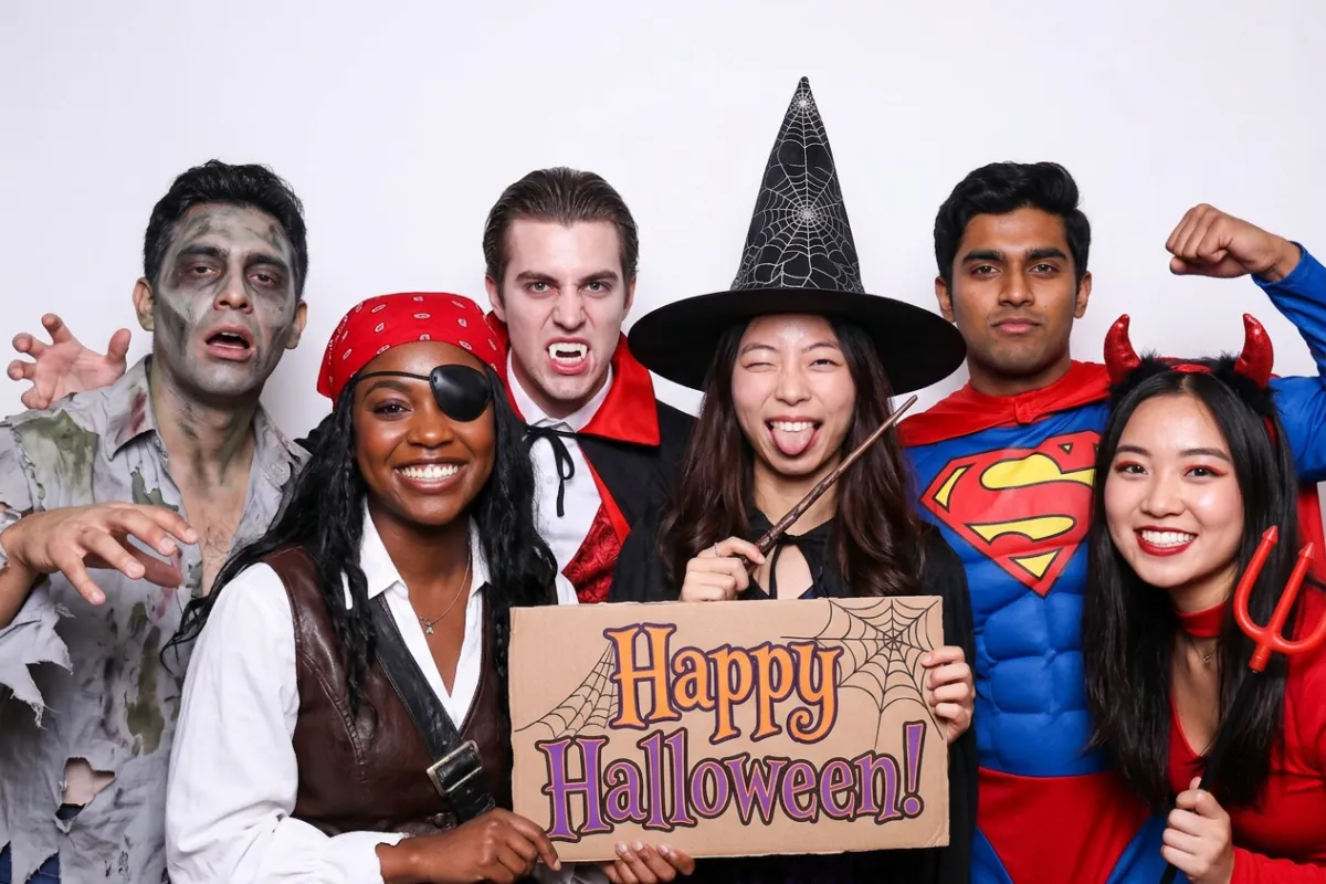NYC Halloween costume party photo booth with spooky backdrop and guests in creative costumes