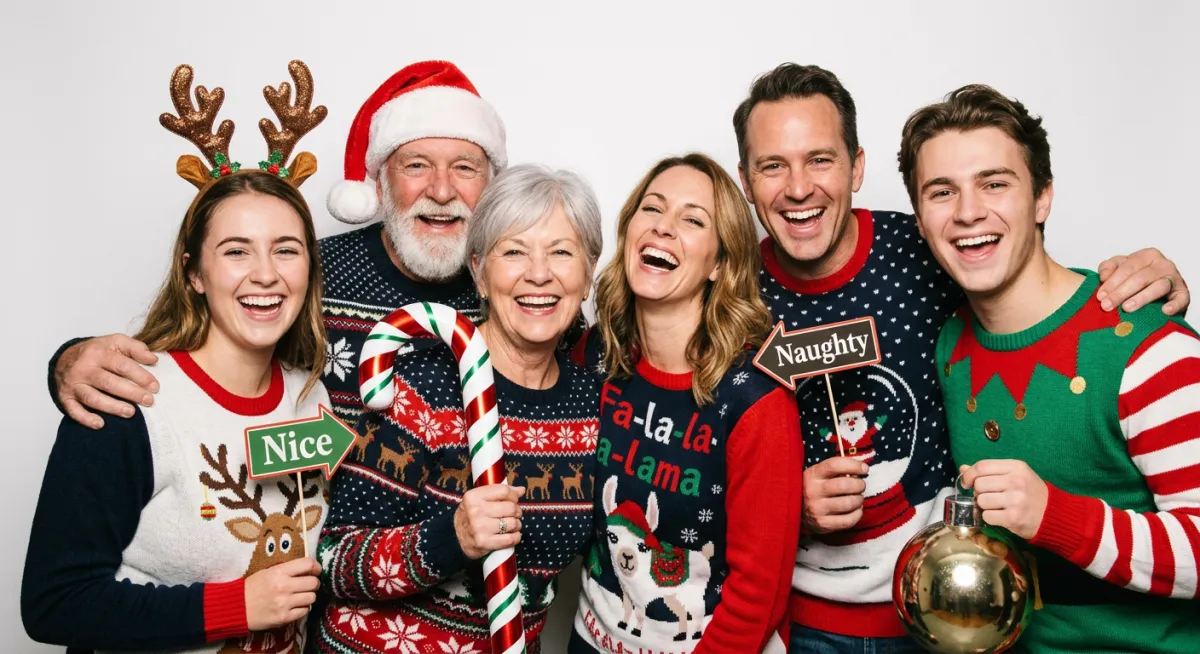 Christmas holiday party photo booth with festive red green backdrop and Santa props in NYC
