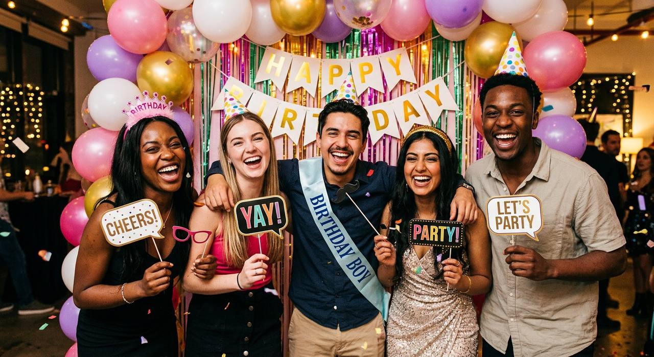 Adult birthday photo booth at Brooklyn rooftop with Manhattan skyline and Empire State Building backdrop