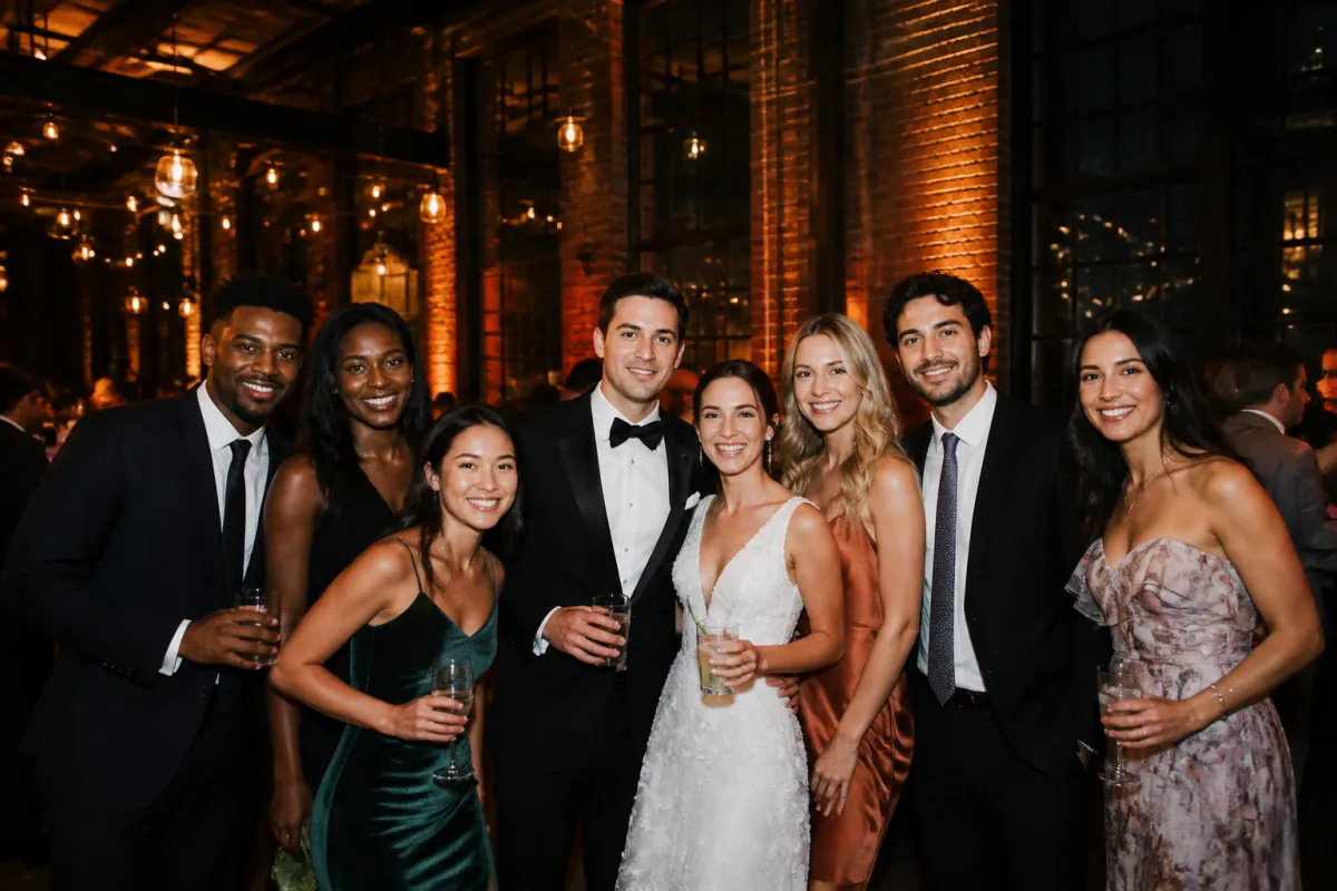 Stylish wedding photo booth setup at a Brooklyn warehouse venue