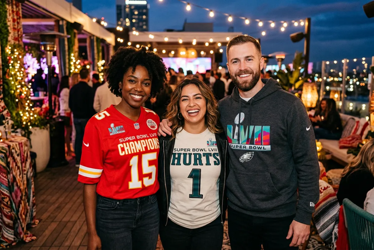 Party photo booth setup at a lively NYC Super Bowl event