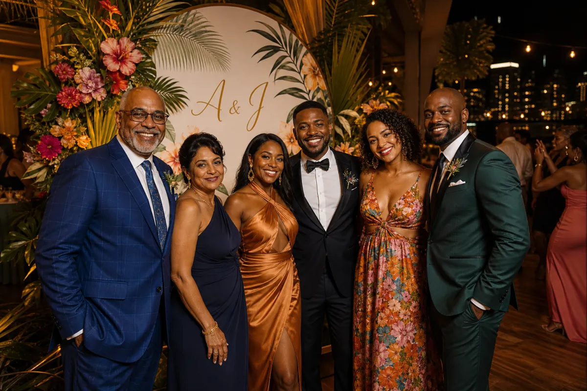 Elegant Caribbean wedding photo booth setup at an NYC reception