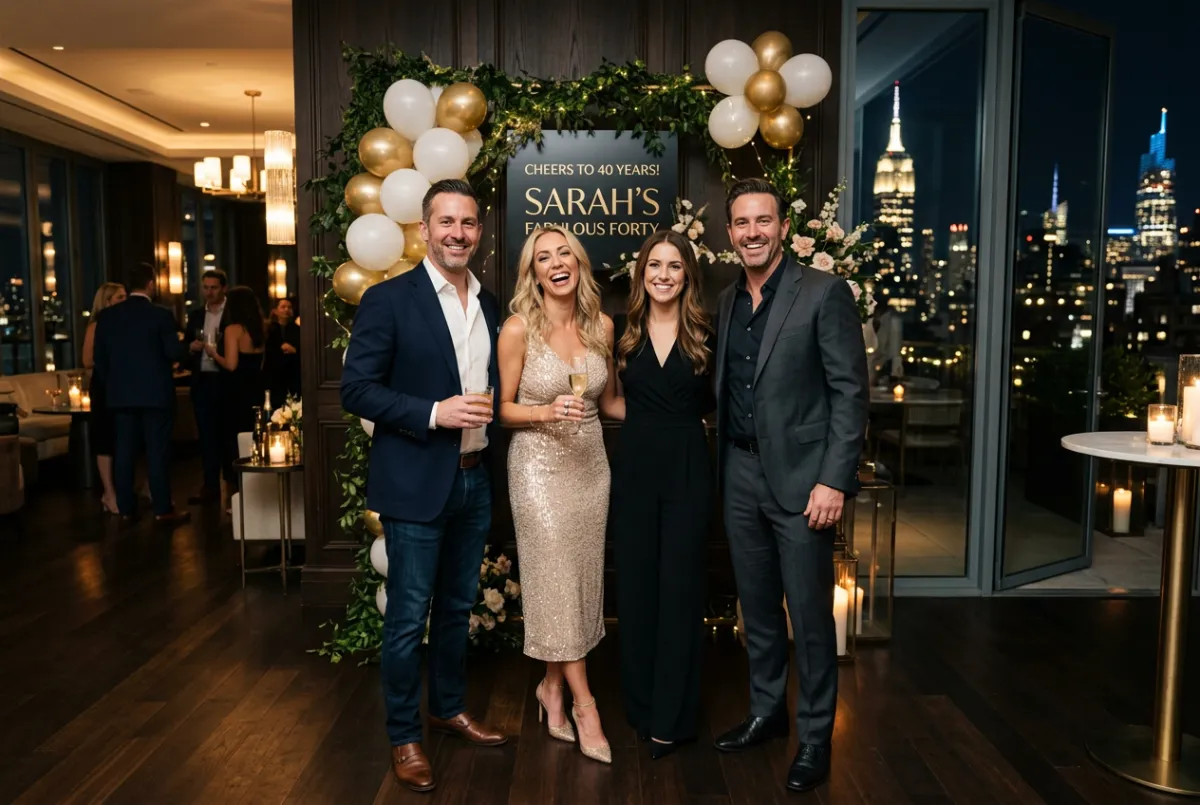 Glam photo booth setup at a stylish NYC 40th birthday party
