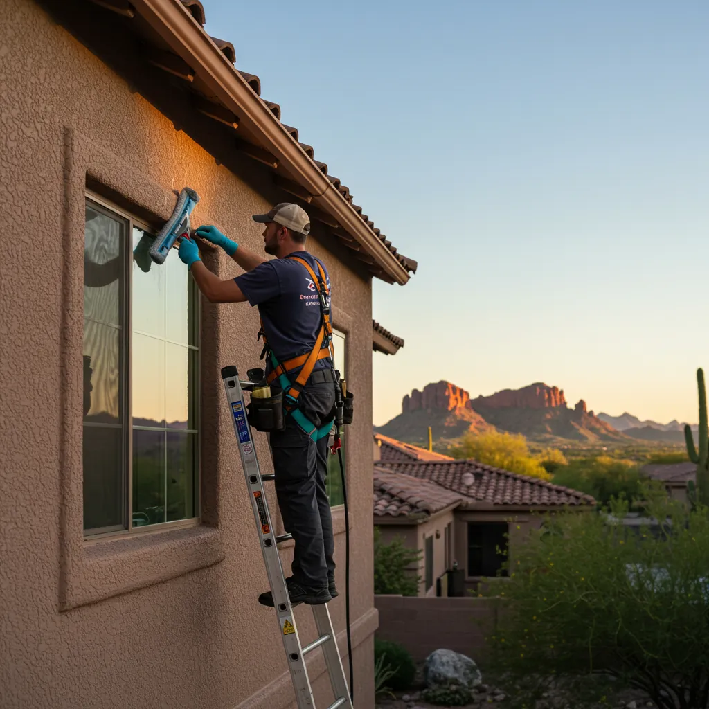 Painted Desert crew cleaning exterior windows and gutters on a Mesa, AZ home