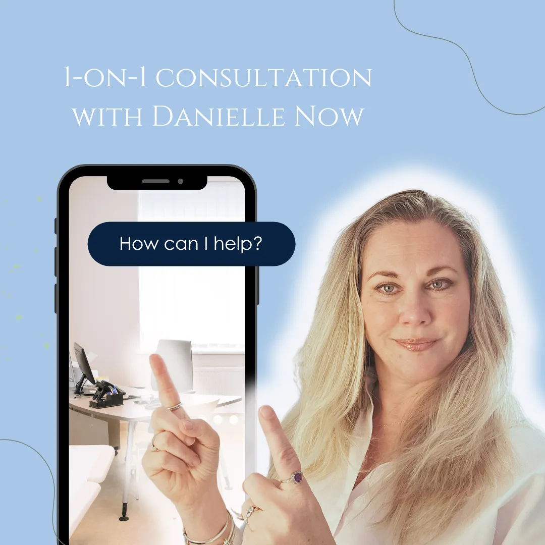 Danielle Py-Salas pointing to a phone screen offering a 1-on-1 expat consultation with the message “How can I help?”