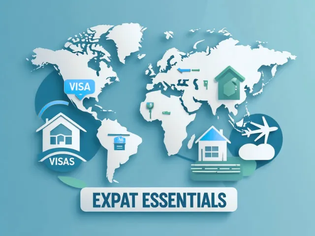 World map graphic showing expat essentials like visas, housing, transportation, and relocation support services