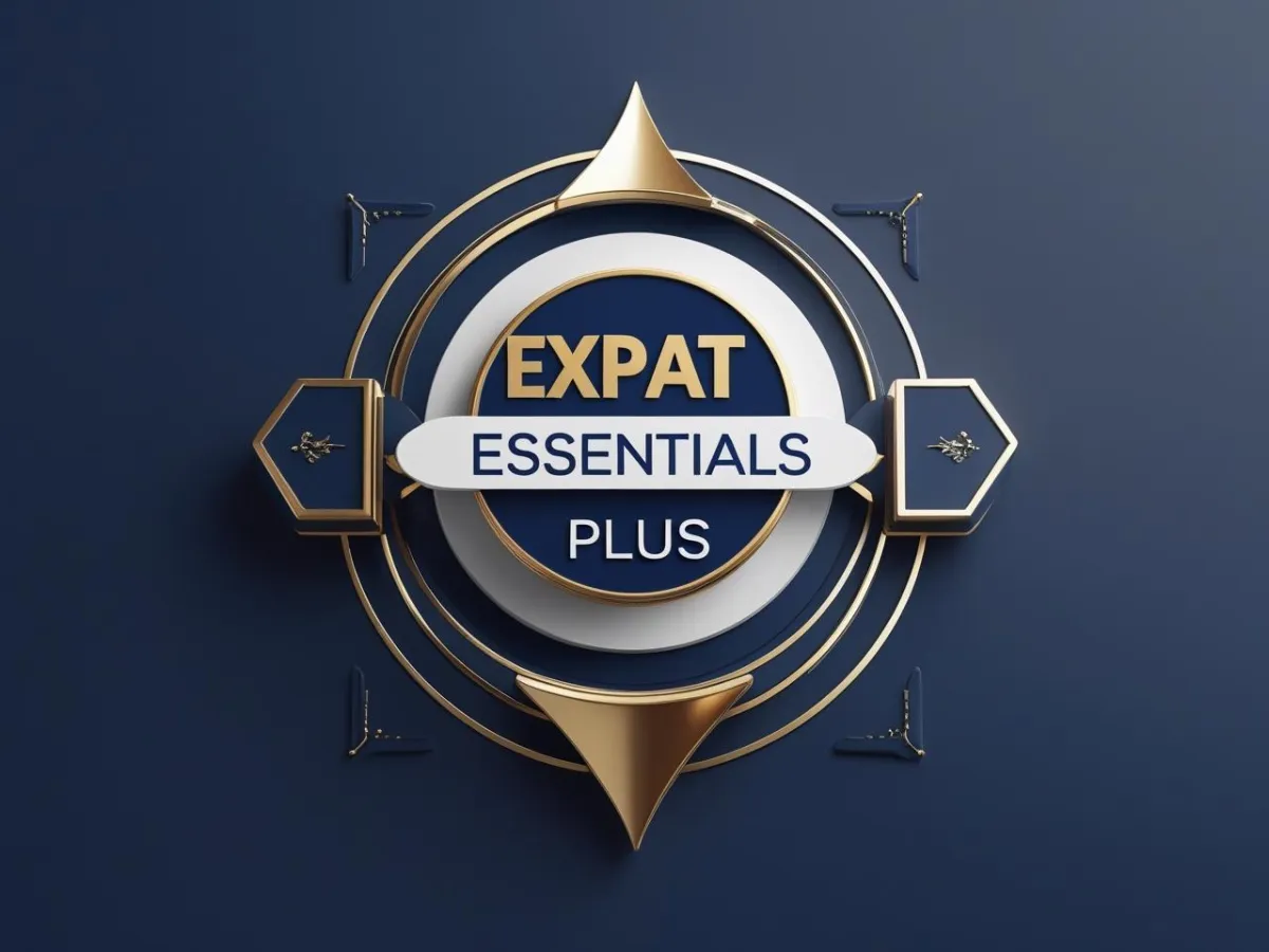Modern blue and gold emblem reading Expat Essentials Plus, representing premium relocation resources