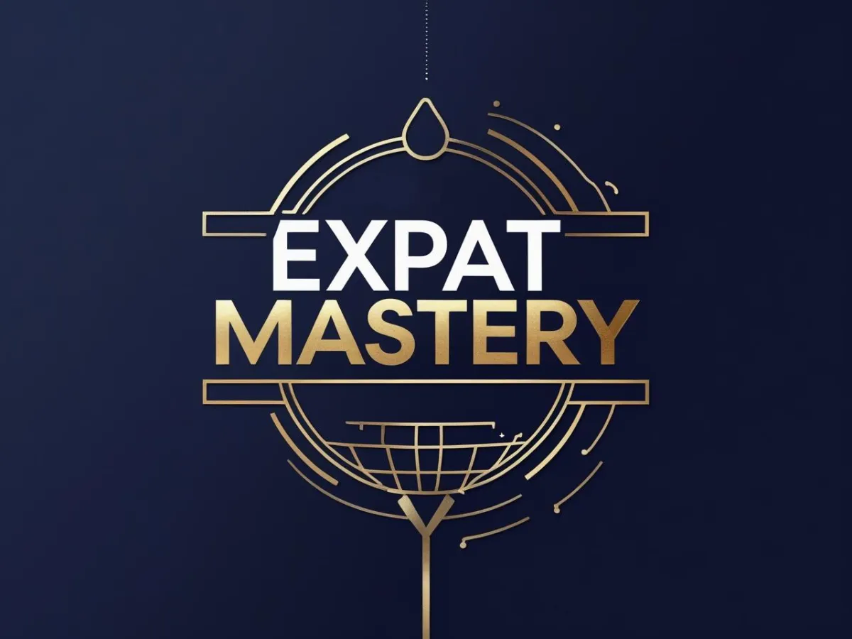 Gold and navy badge reading Expat Mastery, representing advanced training and mentorship for living abroad