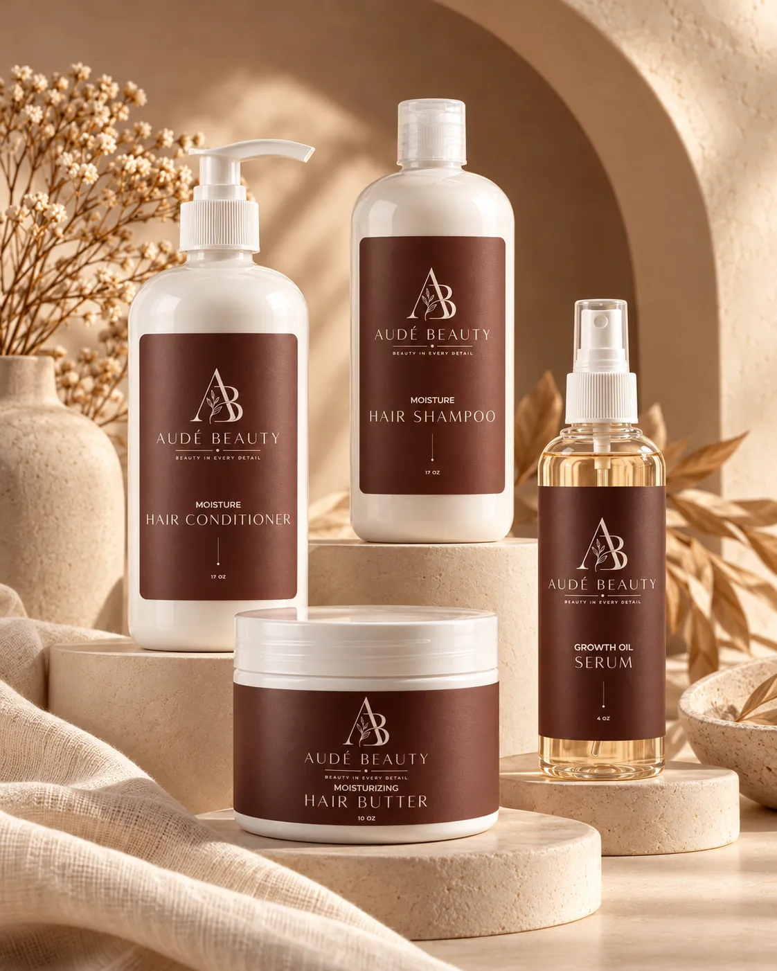 Audé Full Haircare Collection bottles arranged in editorial still life
