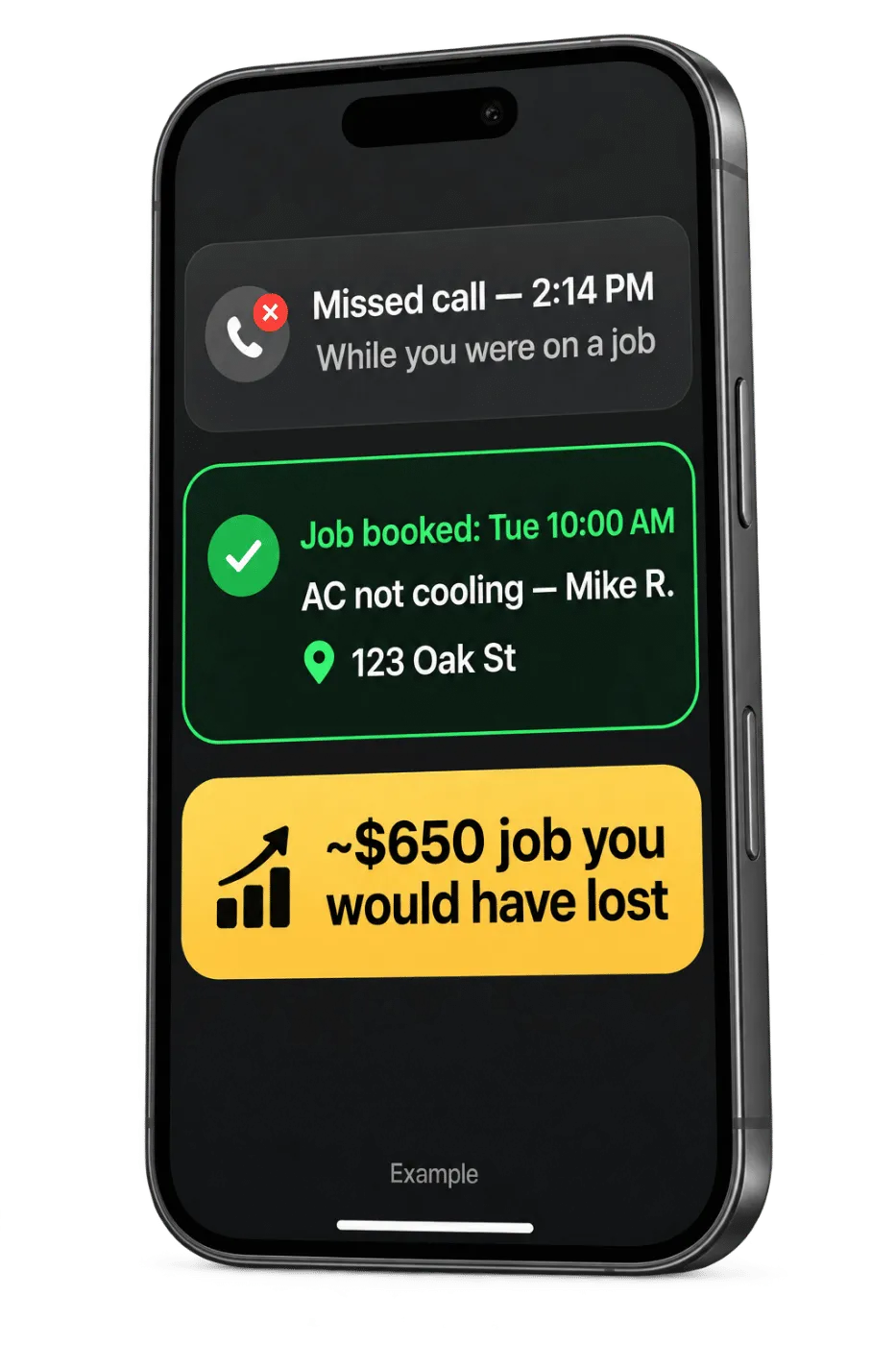 Image of contractors phone automatically booking a job from a missed call.