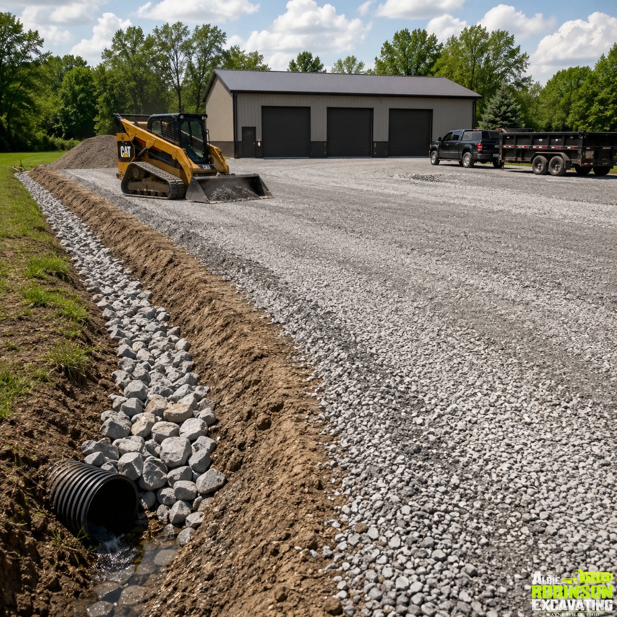 Gravel driveway and building pad installation with drainage improvements by Albie Robinson Excavating, LLC serving Waynesville, Warren County, and surrounding Southwest Ohio communities.