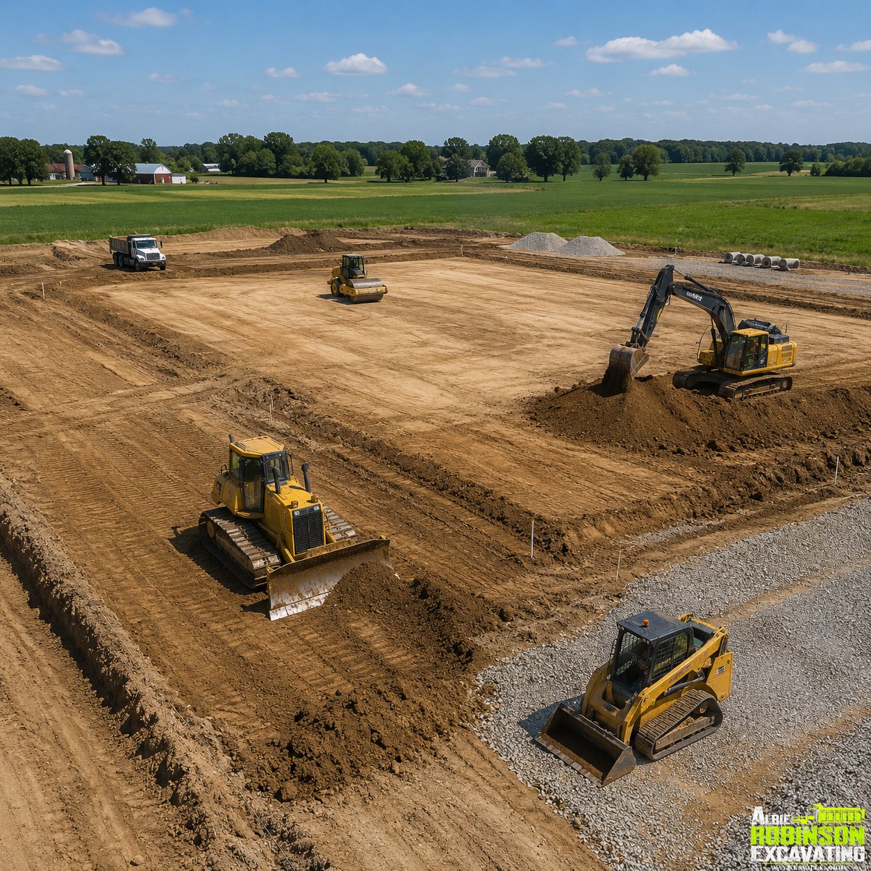 Site preparation, excavation, and grading for residential, farm, and commercial projects by Albie Robinson Excavating, LLC based in Waynesville, Ohio.