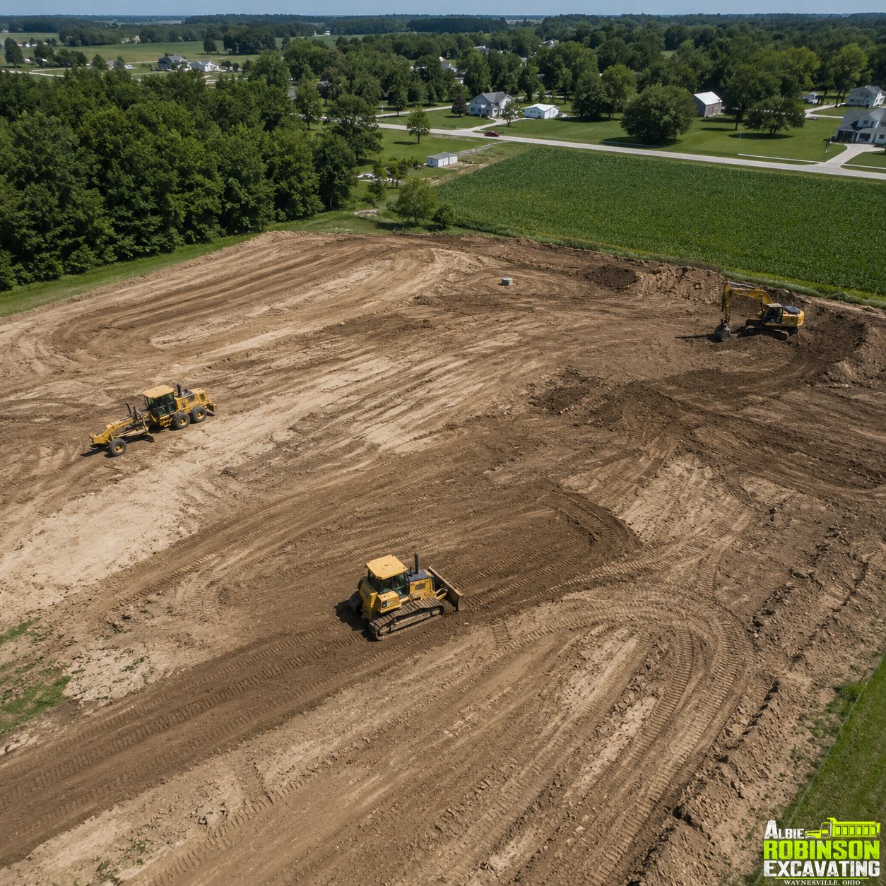 Grading, land leveling, and site work by Albie Robinson Excavating, LLC for residential, commercial, agricultural, and construction projects near Waynesville, Ohio.
