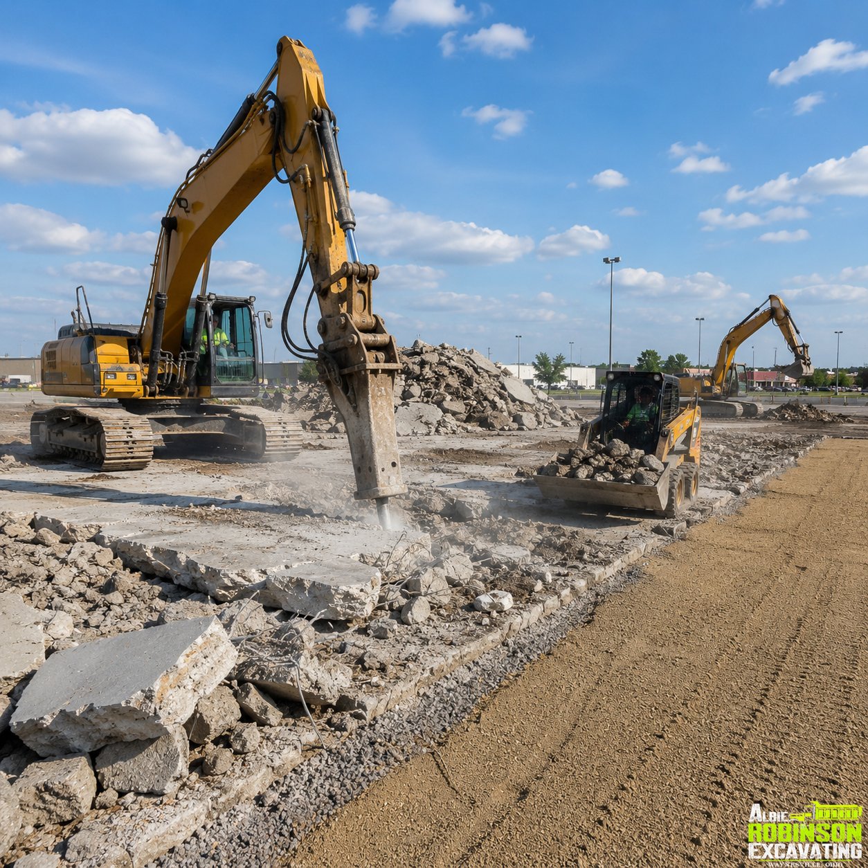 Concrete demolition and installation preparation with heavy equipment by Albie Robinson Excavating, LLC serving Waynesville, Warren County, and the greater Miami Valley Ohio Area..