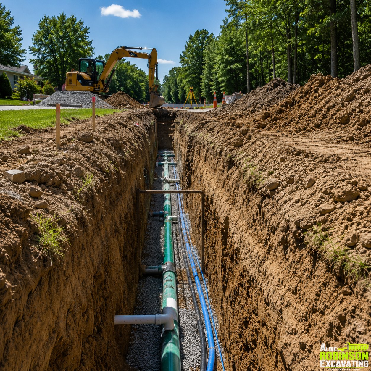 Utility ditch excavation and underground installation support by Albie Robinson Excavating, LLC based in Waynesville, Ohio and serving nearby communities.