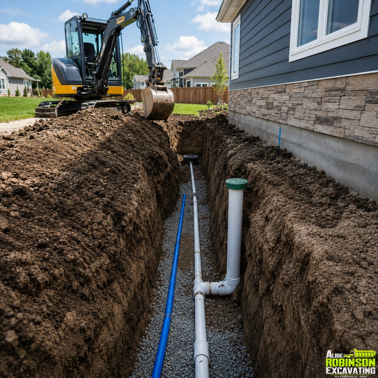Water service and sewer tap excavation for a residential property by Albie Robinson Excavating, LLC serving Waynesville, Warren County, and Southwest Ohio.