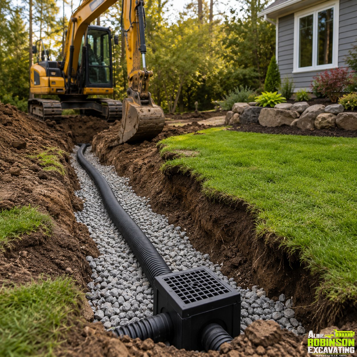Water mitigation and drainage excavation with underground drain pipe installation by Albie Robinson Excavating, LLC serving Waynesville and Southwest Ohio.
