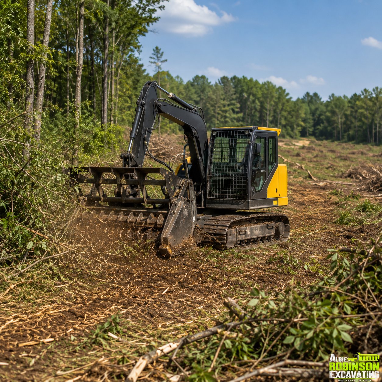 Land clearing and site preparation with heavy equipment by Albie Robinson Excavating, LLC serving rural, residential, and commercial properties in Southwest Ohio.