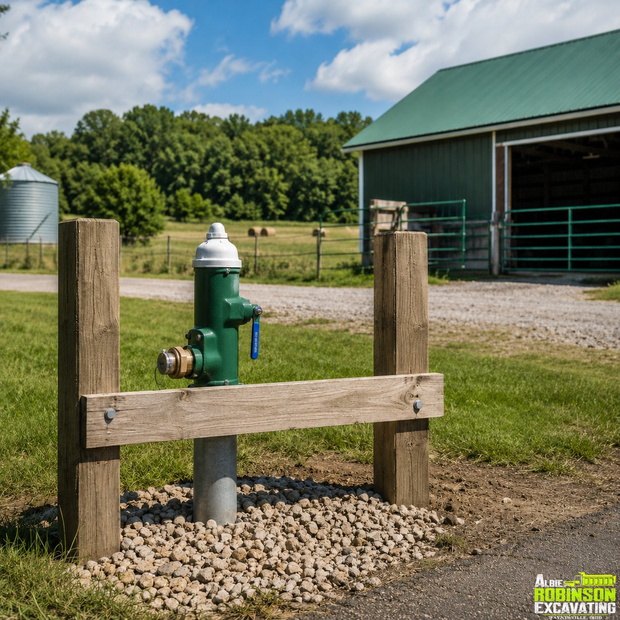 Farm hydrant installation for rural water access by Albie Robinson Excavating, LLC based in Waynesville, Ohio and serving surrounding Southwest Ohio properties.