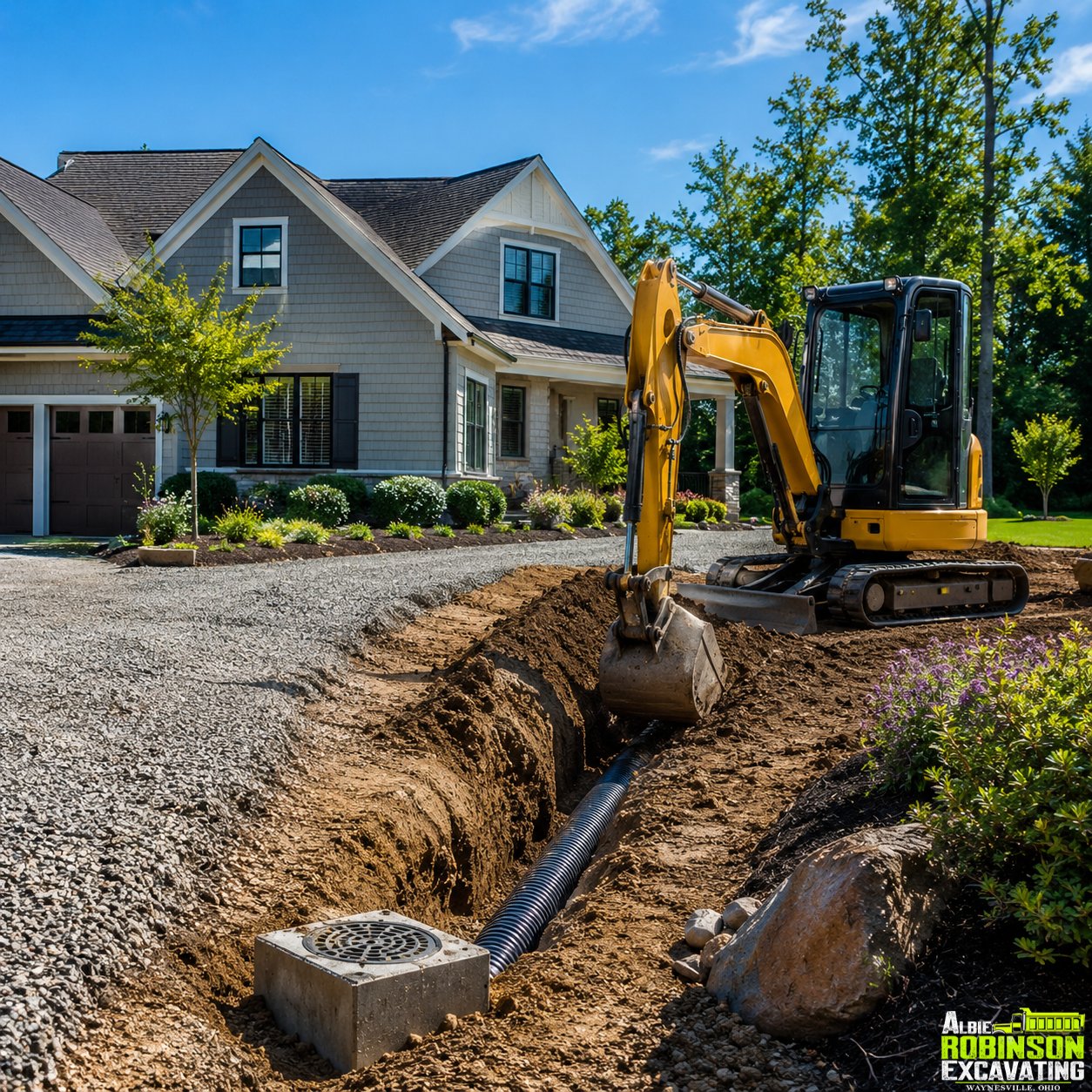 Residential excavation and drainage trenching beside a home by Albie Robinson Excavating, LLC serving homeowners near Waynesville, Ohio.