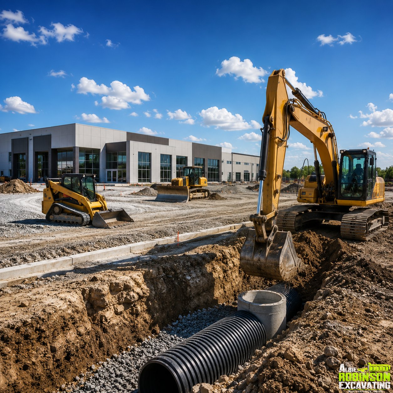 Commercial excavation and site work with drainage pipe installation for a business property by Albie Robinson Excavating, LLC in the Waynesville, Ohio area.