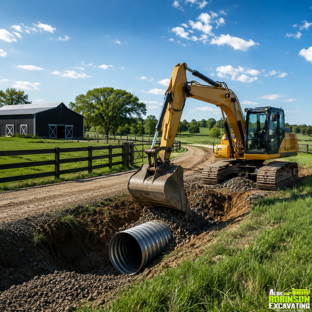 Farm and rural excavation with culvert installation by Albie Robinson Excavating, LLC serving Waynesville, Ohio and surrounding rural properties.