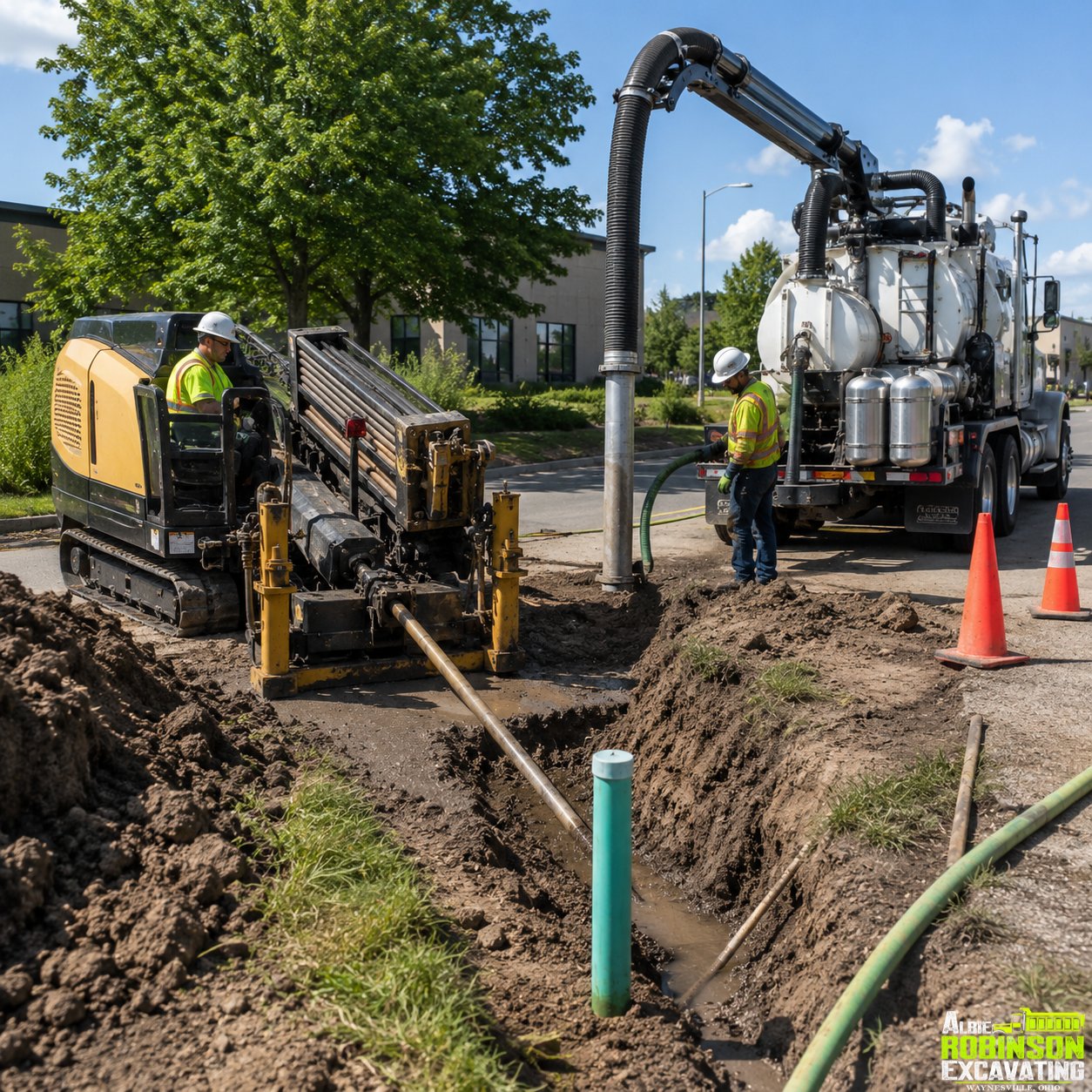 Directional boring and hydro-vac utility excavation crew working on underground service lines by Albie Robinson Excavating, LLC in Ohio.