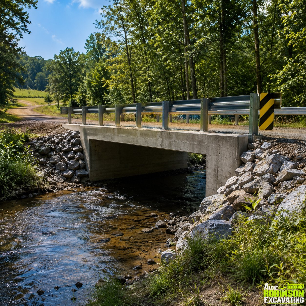 Rural culvert and bridge repair or replacement with rock stabilization and drainage improvement by Albie Robinson Excavating, LLC near Waynesville, Ohio.