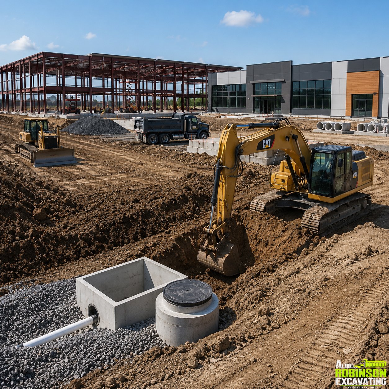 Commercial excavation and site work by Albie Robinson Excavating, LLC for business properties, contractors, developers, and construction sites in Waynesville, Warren County, and Southwest Ohio.