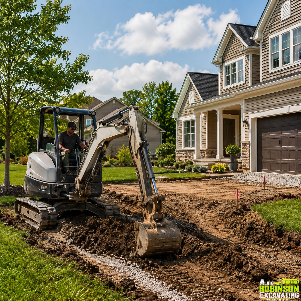 Residential excavation services by Albie Robinson Excavating, LLC for homeowners needing grading, drainage, driveway work, utility trenching, and site preparation near Waynesville, Ohio.