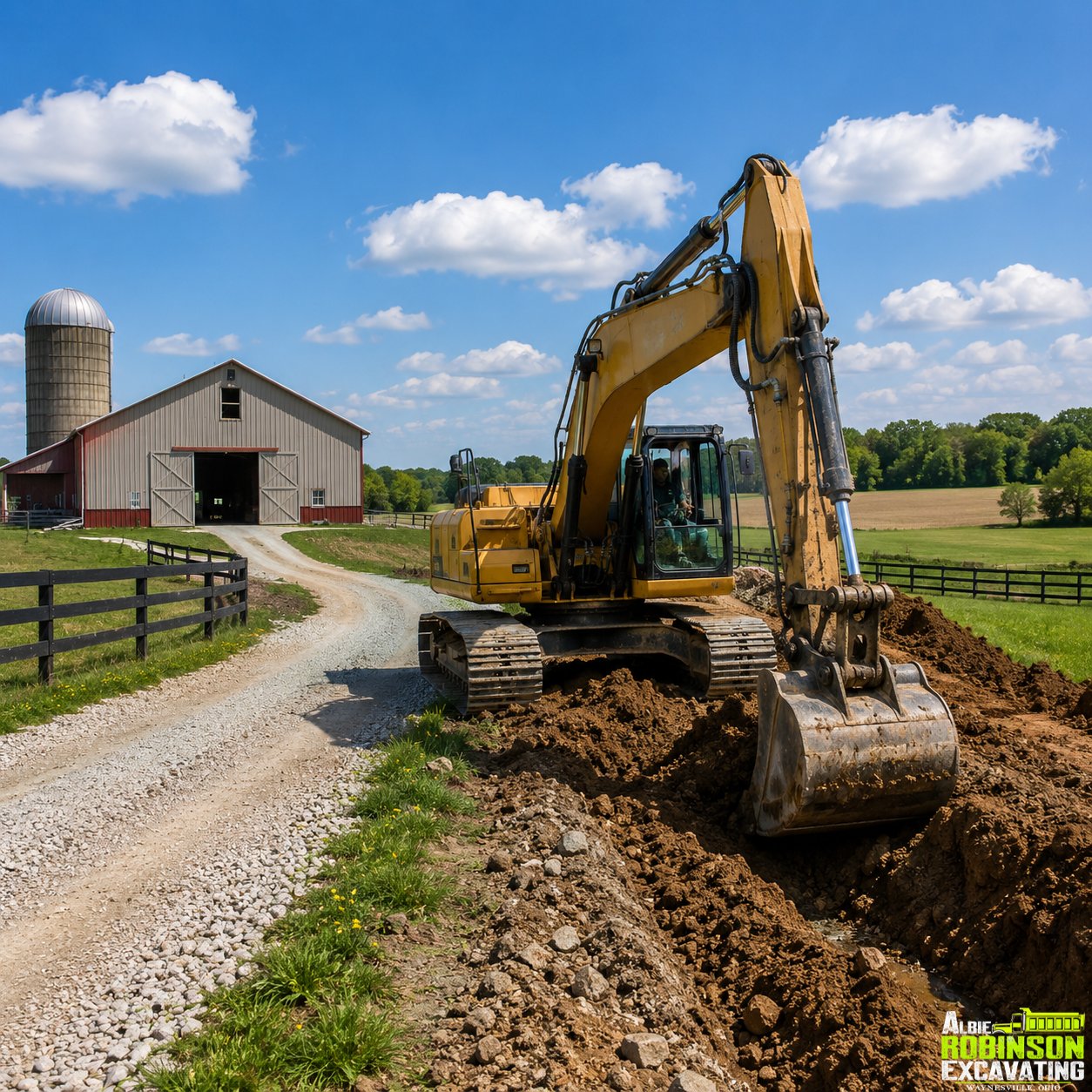 Farm and rural excavation services by Albie Robinson Excavating, LLC for driveways, drainage, land improvement, and property access near Waynesville, Ohio and surrounding Southwest Ohio communities.
