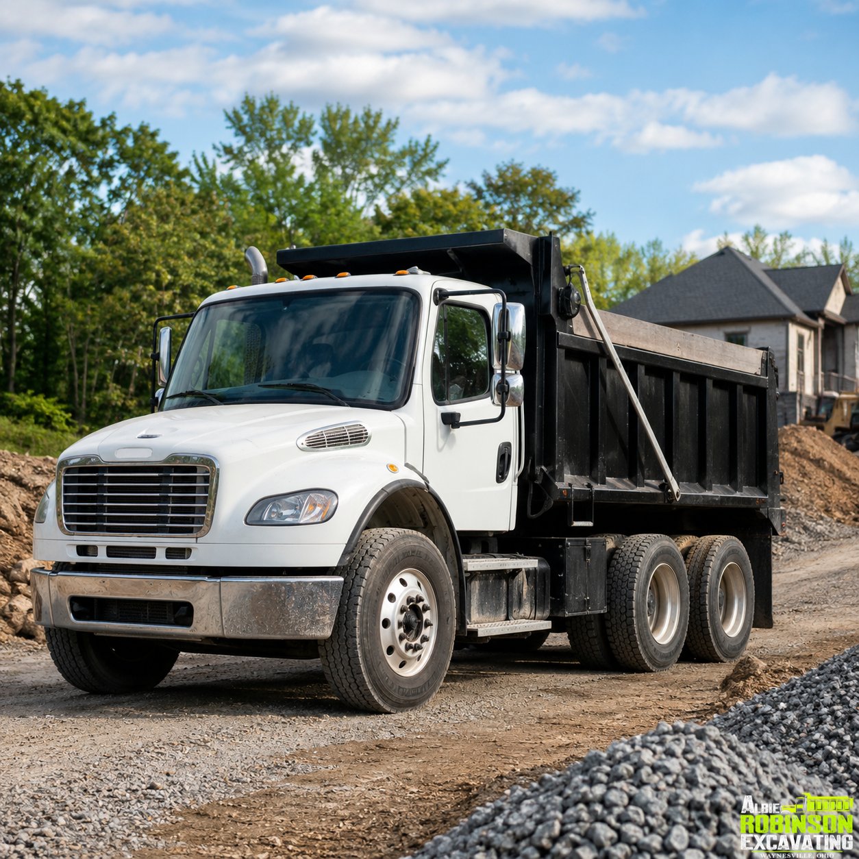 Dump truck hauling services for gravel, dirt, stone, debris, and jobsite material hauling by Albie Robinson Excavating, LLC serving Waynesville, Warren County, and Southwest Ohio.