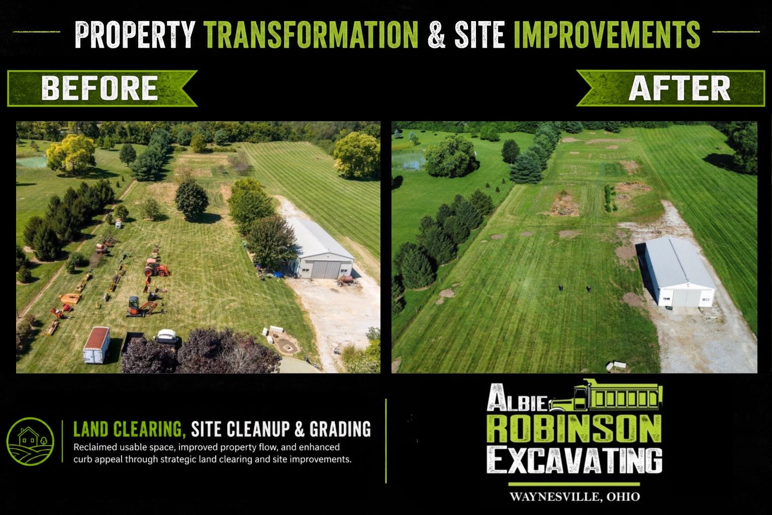 Land clearing and site preparation with heavy equipment by Albie Robinson Excavating, LLC serving rural, residential, and commercial properties in Southwest Ohio.