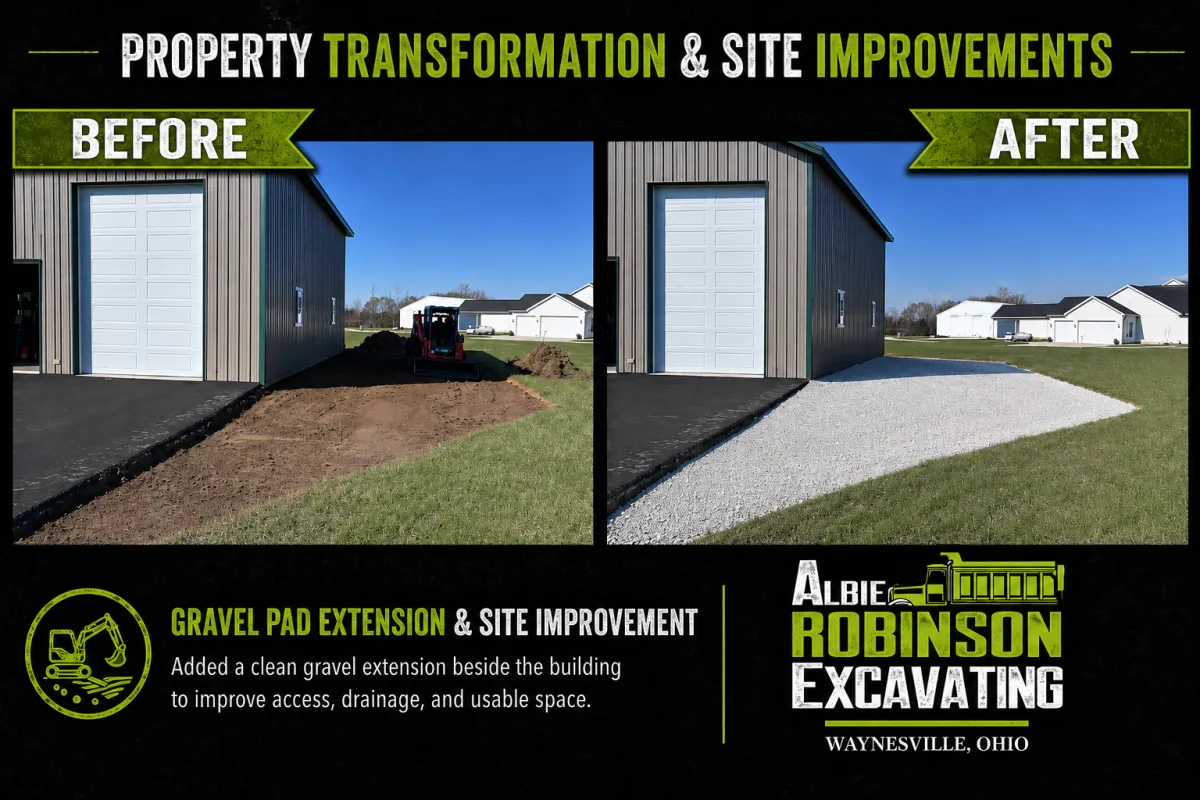 Gravel driveway and building pad installation with drainage improvements by Albie Robinson Excavating, LLC serving Waynesville, Warren County, and surrounding Southwest Ohio communities.
