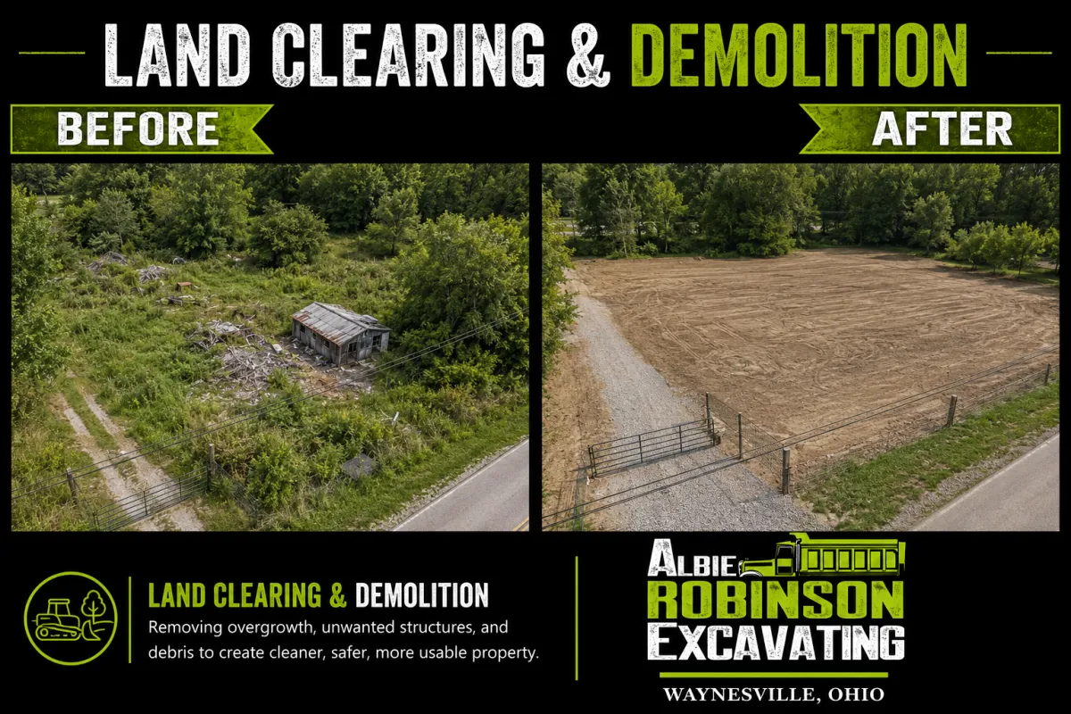 Land clearing and site preparation with heavy equipment by Albie Robinson Excavating, LLC serving rural, residential, and commercial properties in Southwest Ohio.