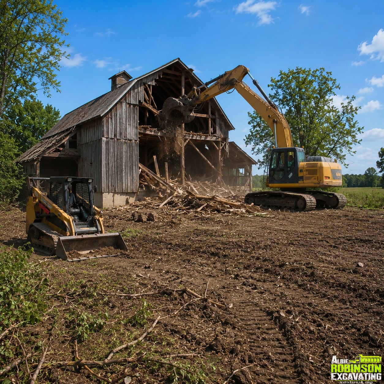Residential excavation services by Albie Robinson Excavating, LLC for homeowners needing grading, drainage, driveway work, utility trenching, and site preparation near Waynesville, Ohio.