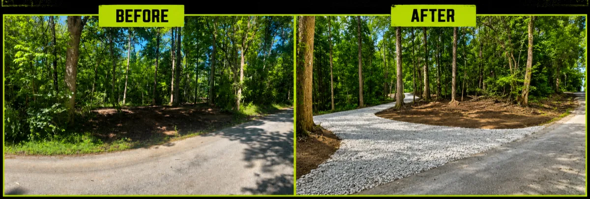 Before and after wooded gravel driveway project by Albie Robinson Excavating in Waynesville, Ohio, showing a cleared and graded driveway entrance transformed with gravel for improved property access through a wooded area.