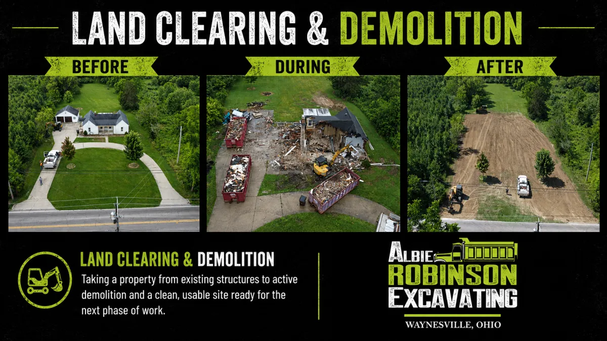 Branded before and after image showing Albie Robinson Excavating land clearing and demolition work in Waynesville Ohio. Before and after land clearing and demolition service image for Albie Robinson Excavating, showing how overgrown and unusable property can be cleared, cleaned, and prepared for future use.