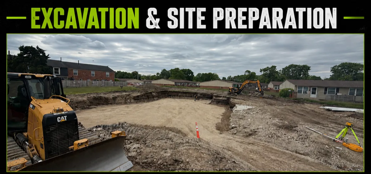 Excavation and site preparation project by Albie Robinson Excavating in Waynesville, Ohio, showing heavy equipment preparing a large property area for a solid foundation, grading, and future development.