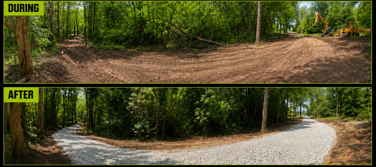 During and after wooded gravel driveway installation by Albie Robinson Excavating in Waynesville, Ohio, showing a cleared and graded wooded access area transformed into a functional gravel driveway for improved property access.
