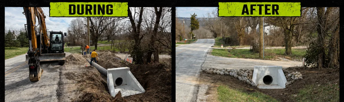 During and after culvert installation and drainage improvement project by Albie Robinson Excavating in Waynesville, Ohio, showing a new culvert pipe and concrete headwall installed to improve roadside drainage, protect the roadway edge, and create a cleaner water flow path.