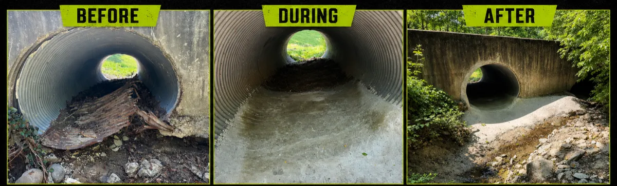 Before, during, and after culvert cleanout and drainage restoration project by Albie Robinson Excavating in Waynesville, Ohio, showing debris removal, culvert cleaning, and restored water flow for improved long-term drainage performance.